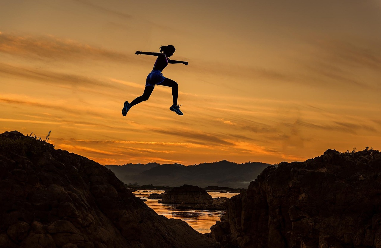 achieve, woman, girl, jumping, running, sports, sportive, athletic, athlete, runner, adventure, challenge, competition, courage, dangerous, determination, fast, freedom, enjoy, high, jump, leap, outdoor, over, rush, silhouette, success, successful, sunrise, winner, nature, young